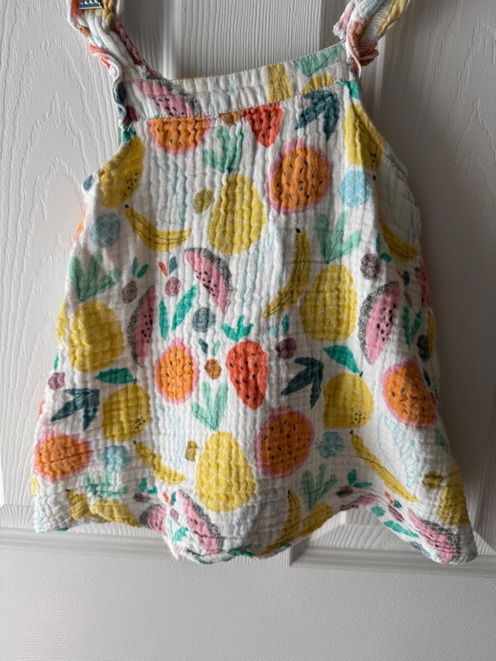 Angel Dear White Gauze Dress with Yellow Pink Teal Fruit Accents